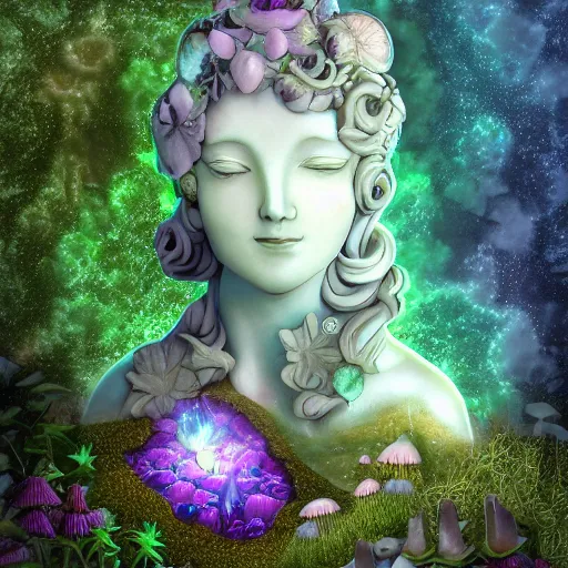 Image similar to glowing delicate flower and mushrooms that grow in a dark fatansy forest on the planet Pandora, an idealistic marble statue with fractal flowery hair in a fractal garden, - W 704