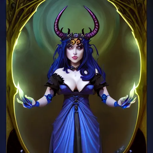 Image similar to wide angle, necromancer tiefling, blue dress, jeweled horns, focused, forest, female, d & d, fantasy, intricate, elegant, highly detailed, long black hair, digital painting, artstation, octane render, concept art, matte, sharp focus, illustration, hearthstone, art by artgerm, alphonse mucha johannes voss