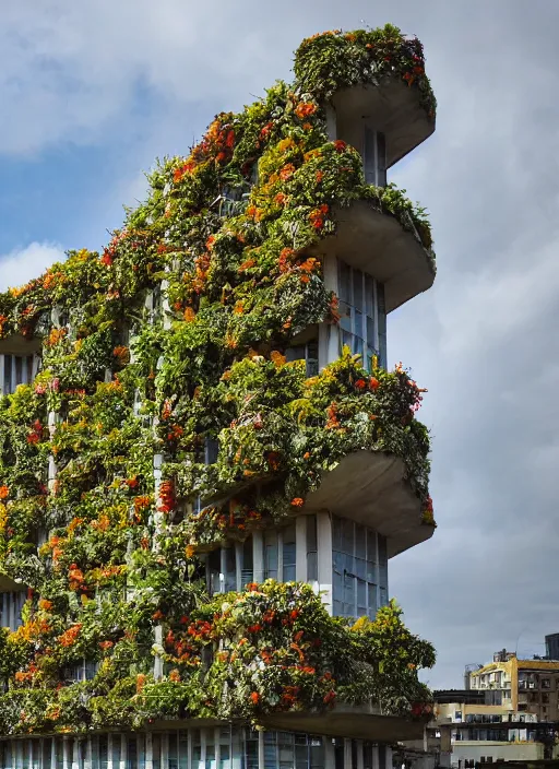 Image similar to brutalist buildings covered in colorful vines and flowers by Denys Lasdun
