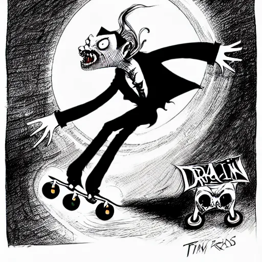Prompt: black and white trippy surreal comic art of dracula the vampire vampire vampire roller skating on roller skates, drawn by martin rowson, tim burton, alex pardee, nekro petros afshar, james mcdermott, cgsociety 4 k