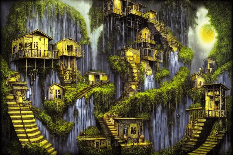 Prompt: gothic escher waterfall favela honeybee hive, subconscious environment, industrial factory, award winning art, epic dreamlike fantasy landscape, ultra realistic,