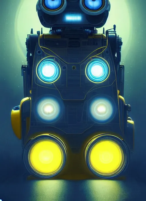 Image similar to symmetry!! portrait of wall - e, sci - fi, tech wear, blue and yellow glowing lights!! intricate, elegant, highly detailed, digital painting, artstation, concept art, smooth, sharp focus, illustration, art by artgerm and greg rutkowski and alphonse mucha