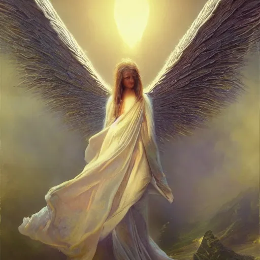 Image similar to UHD candid photo of a robotic Angel, UHD, photorealistic, real wings, correct robot face, photo by Annie Leibowitz, UHD tonalism cosmic painting by Caparo and Ferdinand Knab and Greg Rutkowski, UHD, photorealistic, trending on artstation, trending on deviantart