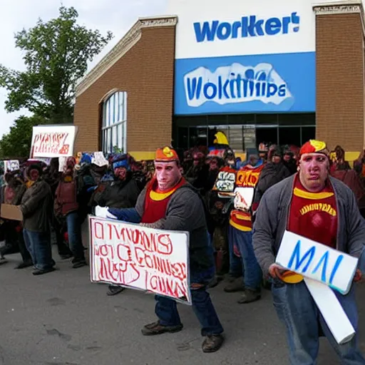Image similar to orcs standing outside of a Walmart, protesting the working conditions, in 2005