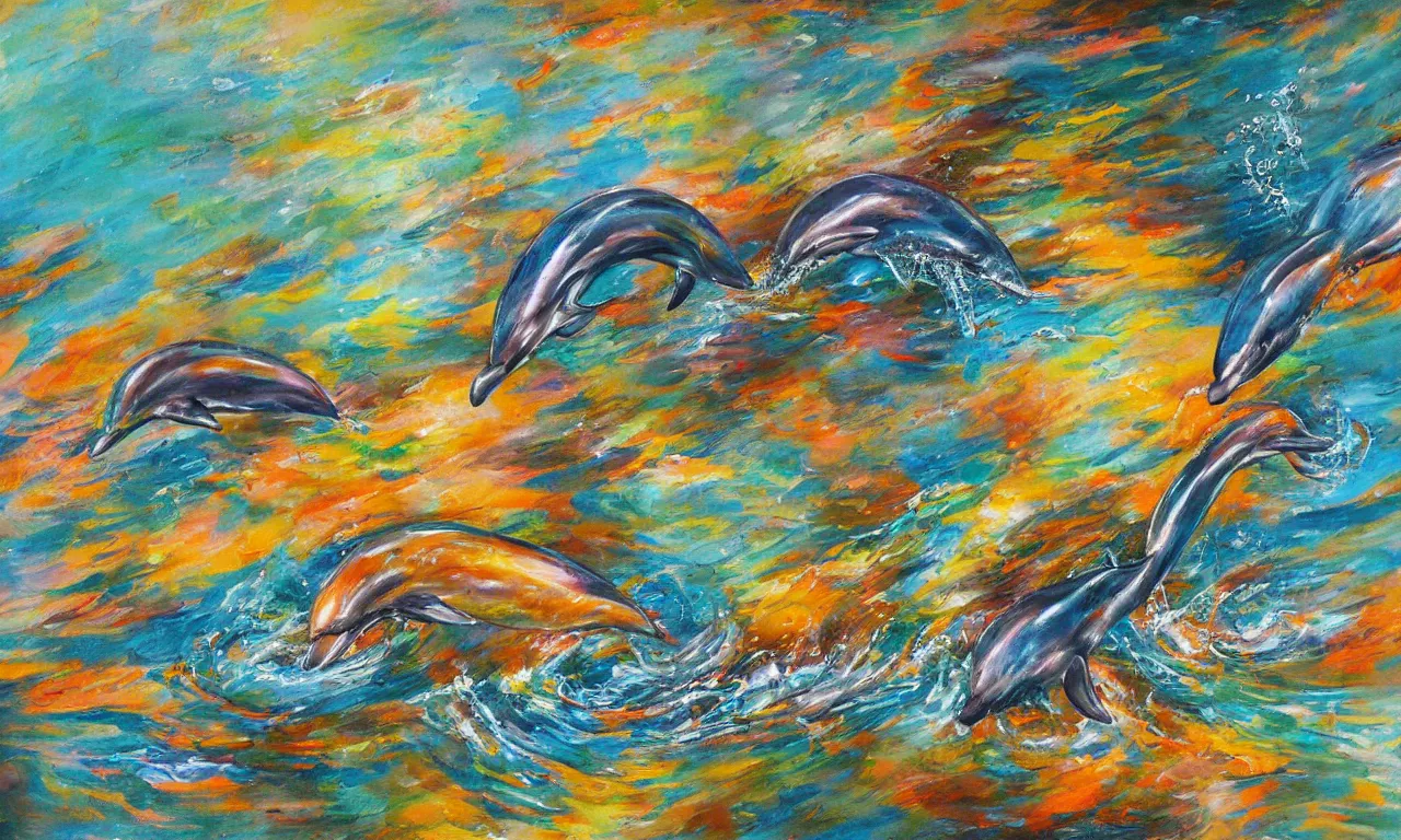 Image similar to painting of splashing water, dolphins, representation with abstraction, frenetic oil painting, values as flat shapes, pastel colors,