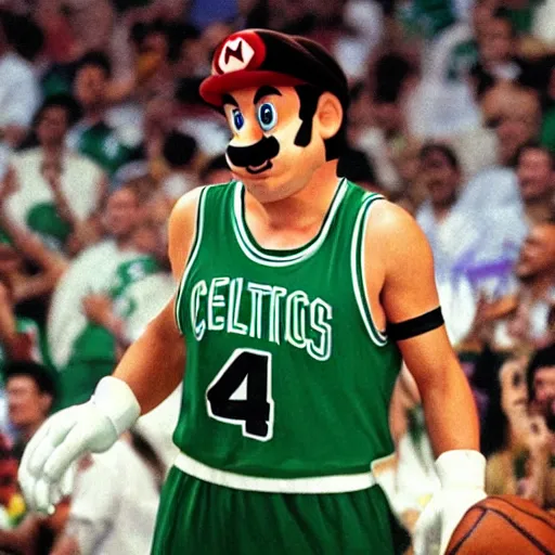 Image similar to realistic super mario playing for the boston celtics