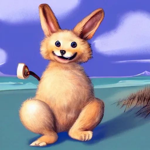 Image similar to a photorealistic adorable fierce furry monster with long floppy rabbit ears chubby body and wolf legs with stubby claws, Smiling at the camera with a mischievous grin, happy lighting, at a tropical beach