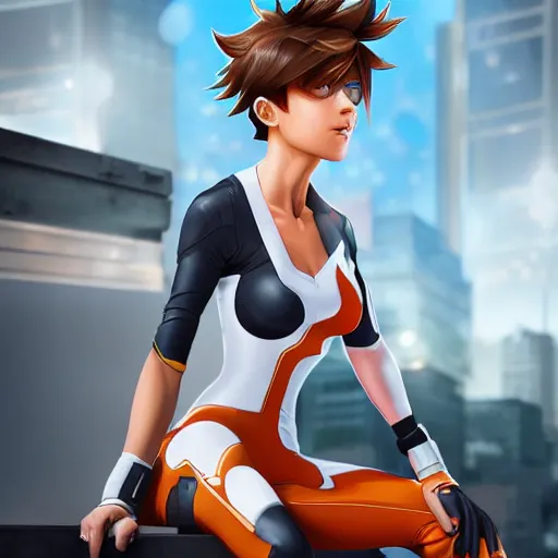 Prompt: digital artwork of tracer sitting on a rooftop, in the style of artgerm, detailed face, expressive face, sitting position, feminine face,