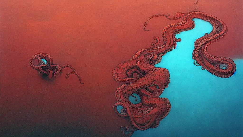 Image similar to ocean, muddywater, octopus silhouette at depth, black, bird eye view, aerial view, fear,tentacles, splashes, drops, fog, mesmerizing, blue sea, glare on the water, reflection of the red sky on the water, art by Beksinski Zdzislaw,