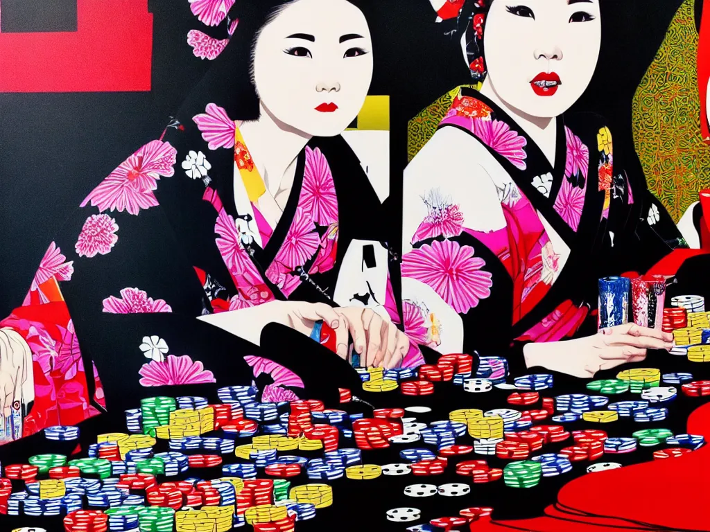 Image similar to hyperrealistic composition of the detailed woman in a japanese kimono sitting at a poker table with detailed darth vader, fireworks, beautiful mountain in the background, pop - art style, jacky tsai style, andy warhol style, acrylic on canvas