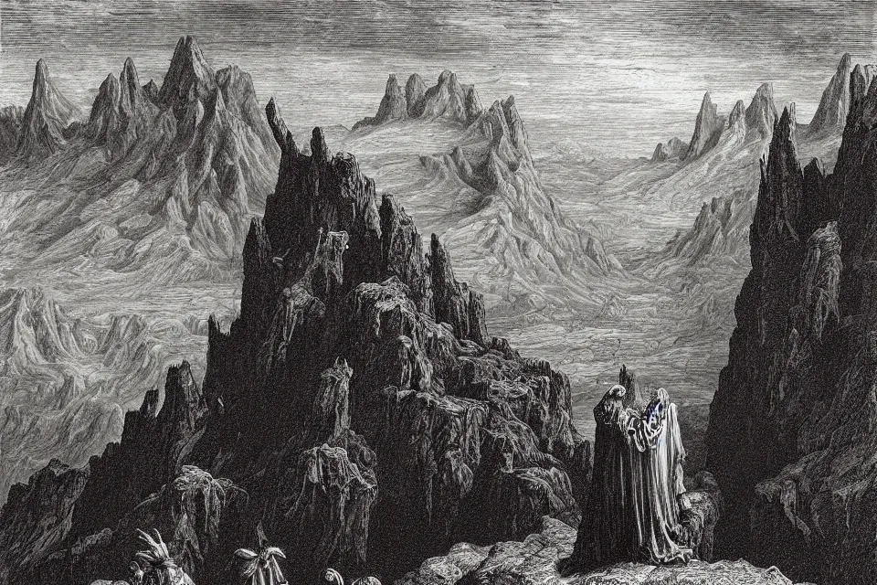 Prompt: “ an engraving of dante and virgil standing on a cliff watching the tempest of hell by gustave dore ”