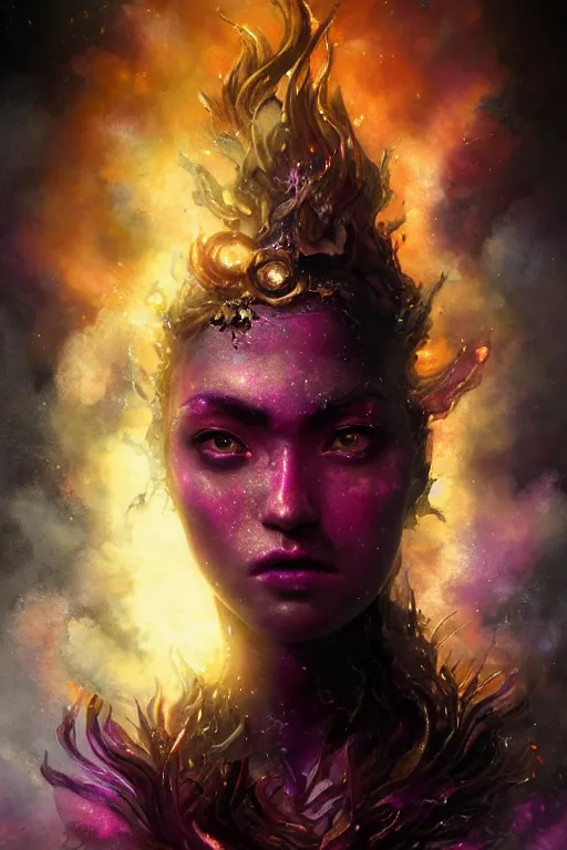 Prompt: a beautiful portrait of a young cosmic Demon women covered in deep purple flames with an intense look on her face by Greg Rutkowski, Sung Choi, Mitchell Mohrhauser, Maciej Kuciara, Johnson Ting, Maxim Verehin, Peter Konig, Bloodborne , 8k photorealistic, cinematic lighting, HD, high details, atmospheric , trending on artstation