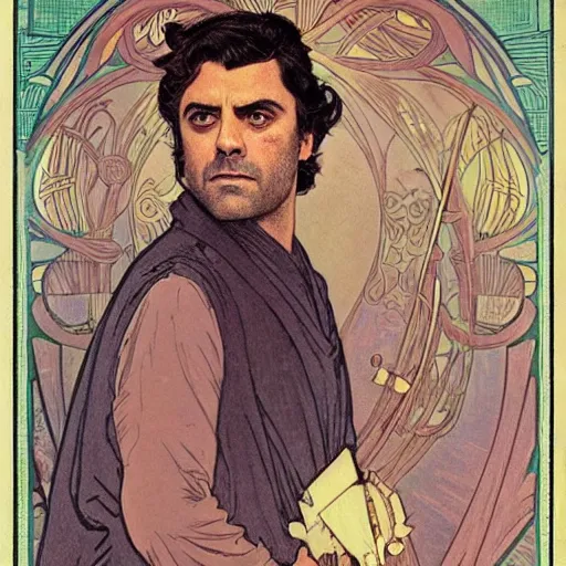 Image similar to oscar isaac portrait by louis - theophile hingre and alphonse mucha, realistic, sharp focus, zodiac signs, tarot cards, planets, ethereal, art nouveau, magic, moon, sun, crown, dreamy, royal, jewellery