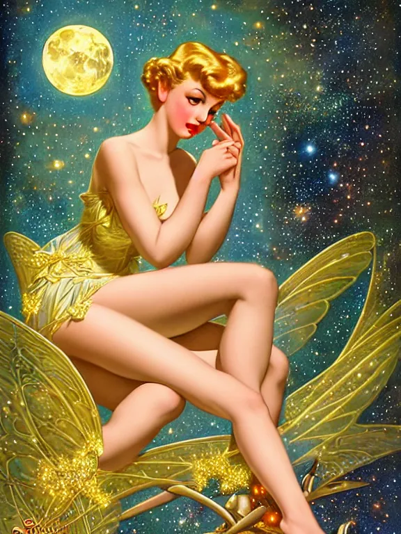 Image similar to Diana argon as tinkerbell glowing, a beautiful art nouveau portrait by Gil elvgren and Hajime Sorayama, moonlit starry sky environment, centered composition, defined features, golden ratio, gold jewlery, photorealistic professionals lighting, cinematic, sheer