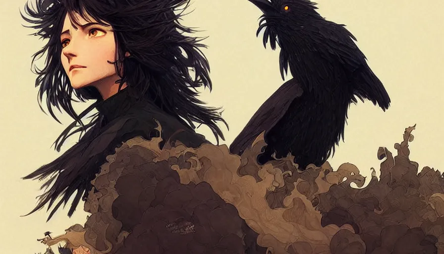 Prompt: howl's moving castle, howl as a black raven, intricate, elegant, highly detailed, digital painting, artstation, concept art, smooth, sharp focus, illustration, art by artgerm and greg rutkowski and alphonse mucha and francisco goya