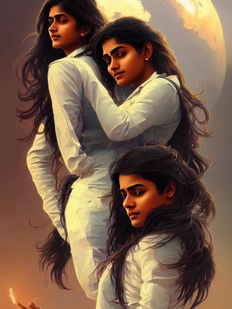 Image similar to Anxious pretty young Indian doctor wearing jeans leaving a plane, portrait, sci-fi face, elegant, highly detailed, digital painting, artstation, concept art, smooth, sharp focus, illustration, art by artgerm and greg rutkowski and alphonse mucha