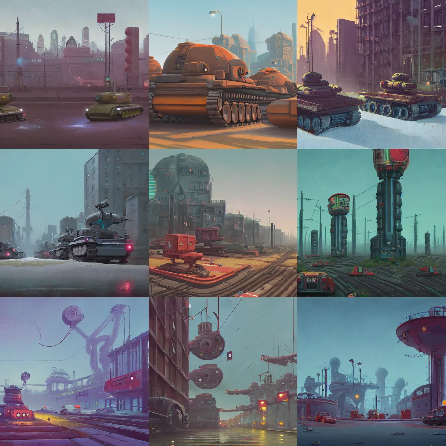 Prompt: A city on tank treads, artwork by Simon Stålenhag