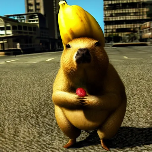 Prompt: capybara with a banana on top of its head. max payne screenshot