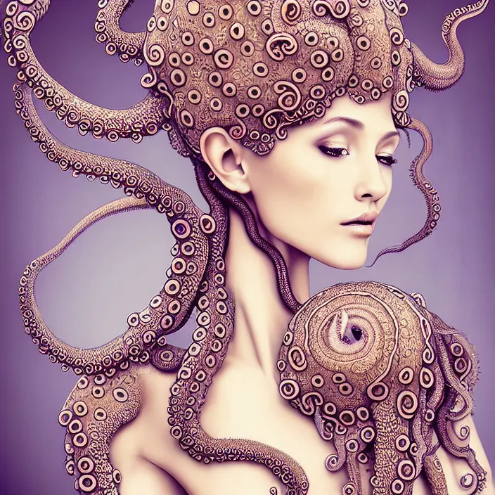 Prompt: photo portrait of a beautiful woman like a queen- octopus-dressed in long elegant intricate ornamental ethereal dress, natural skin tone, intricate mandelbrot fractal highly detailed tentacles ornament in the upper side of breast, bust with a very long neck , hair are wired tentacles, elegant, highly detailed intricate jellyfishes ornament in her long hair, Realistic, Refined, Highly Detailed, natural soft lighting colors scheme, fine art photography by Tim Walker, volumetric lighting, hyper realistic photography, 8 k