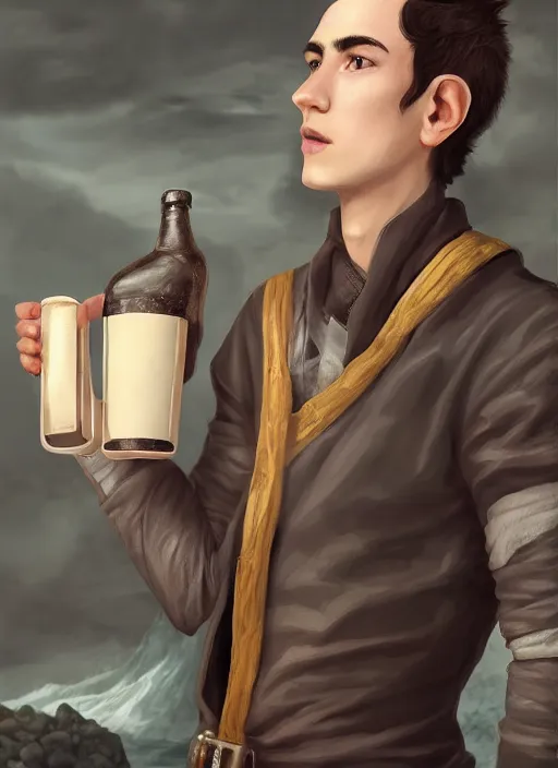 Prompt: Young man, slim, short black hair, pale, wearing a haramaki, holding a tankard of ale, digital art, realistic, Pathfinder, detailed, trending on artstation, sea in the background as drawn by Wayne Reynolds