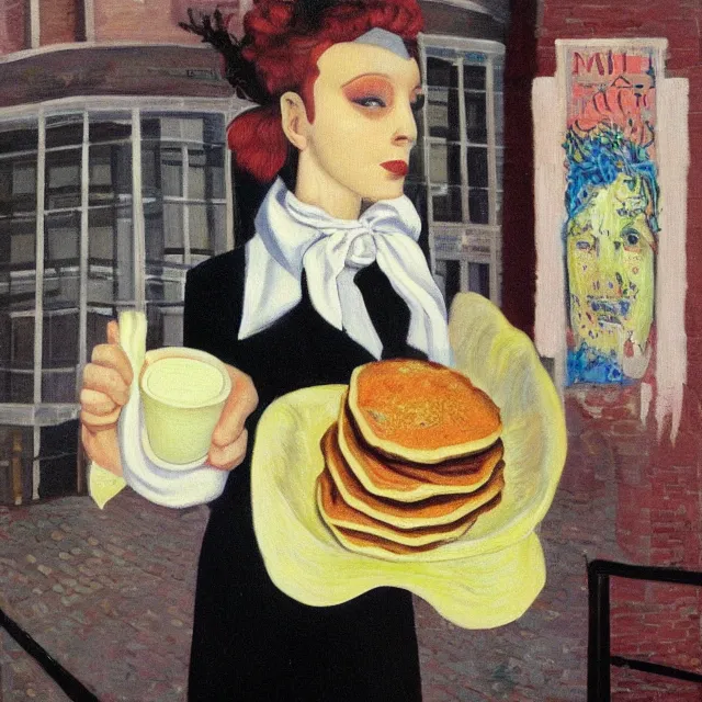 Prompt: tall emo female artist holding pancakes, in chippendale sydney, pigs, octopus, acrylic on canvas, surrealist, by magritte and monet