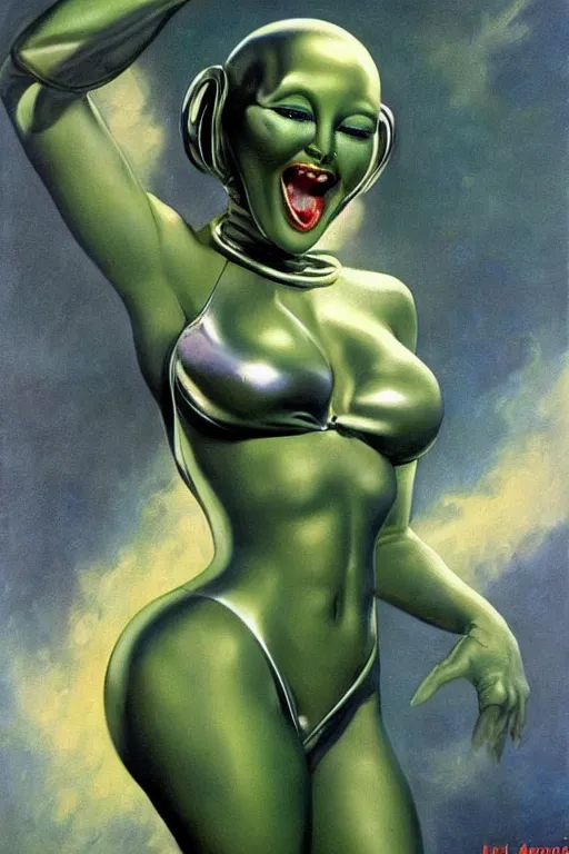 Image similar to beautiful alien extraterrestrial species female babe in a tight fitting silver metallic bikini spacesuit, , big silver head with eyestalk antennae, green skinned, big black almond shaped alien eyes by Mort Kunstler and Gil Elvgren