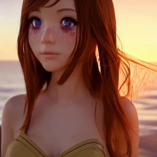 Image similar to Render of a very beautiful 3d anime girl, long hair, hazel eyes, cute freckles, full round face, short smile, cute sundress, golden hour, serene beach setting, medium shot, mid-shot, highly detailed, trending on Artstation, Unreal Engine 4k