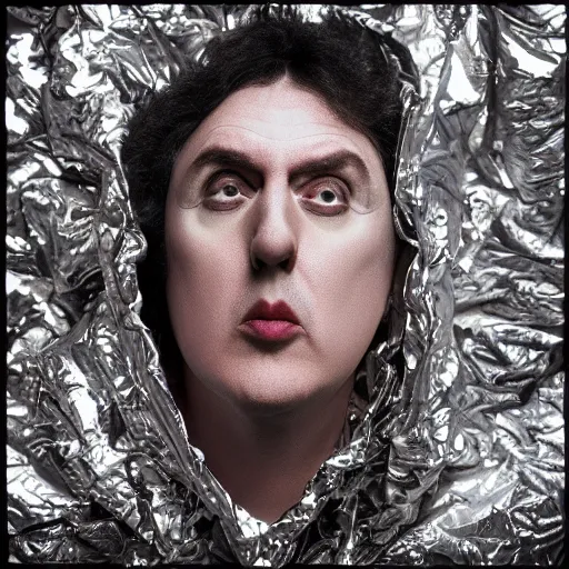 Image similar to weird al yankovic wrapped in foil, digital photography, highly detailed, portrait