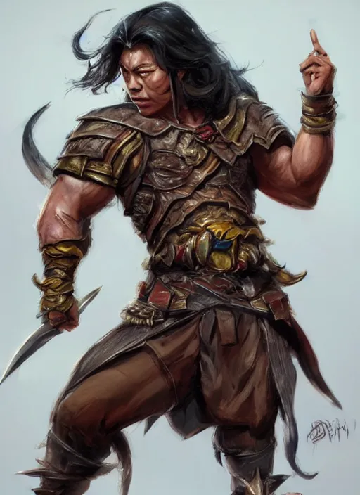 Image similar to muscly asian man mid parted hair, dndbeyond, bright, colourful, realistic, dnd character portrait, full body, pathfinder, pinterest, art by ralph horsley, dnd, rpg, lotr game design fanart by concept art, behance hd, artstation, deviantart, hdr render in unreal engine 5