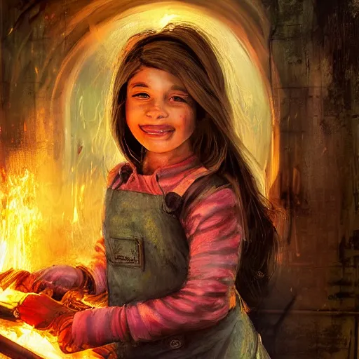 Image similar to the blacksmits’ daughter, working in the forge, a smile at her face, fantasy art in the style of Lilia Alvarado,