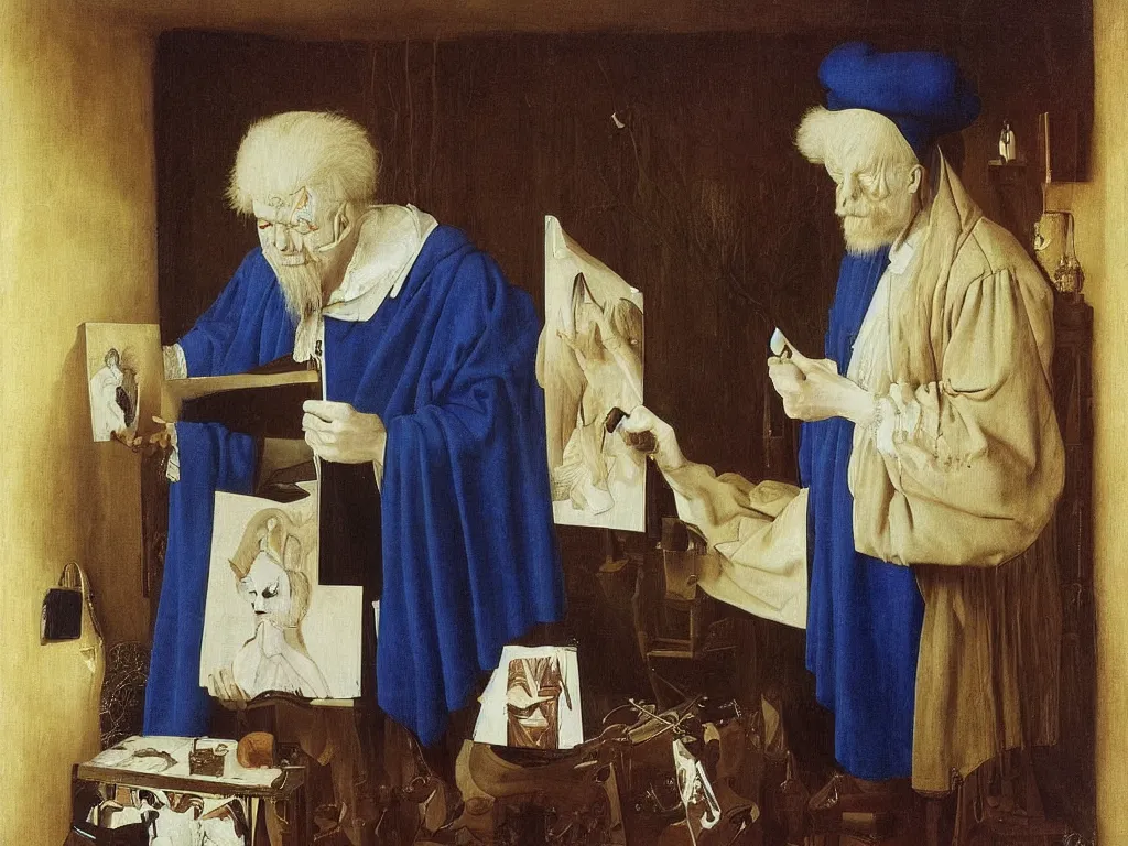 Prompt: Portrait of albino mystic with blue eyes, painting his self-portrait. Painting by Jan van Eyck, Audubon, Rene Magritte, Agnes Pelton, Max Ernst, Walton Ford