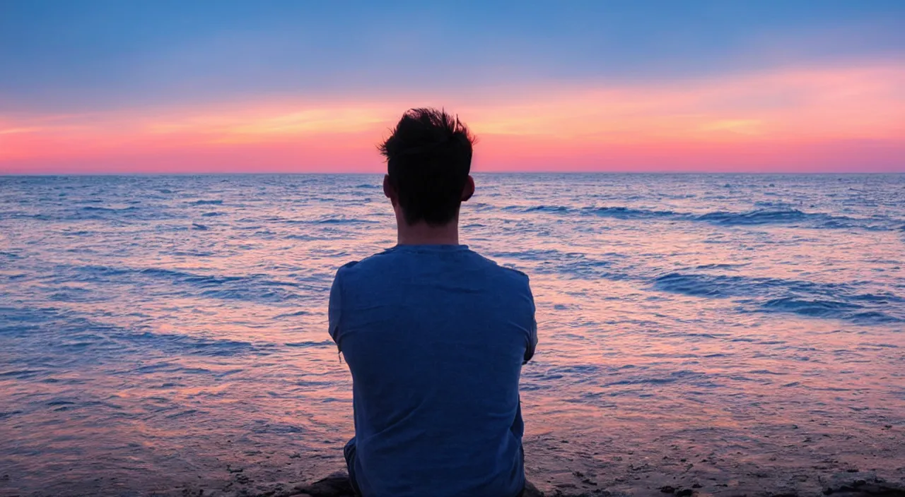 Image similar to a man thinking while looking at the horizon on a sunset