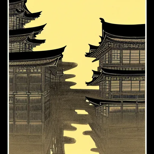 Image similar to a beautiful ink painting of buildings in japanese traditional style, in the style of hiroshi yoshida, at night, light effect, detailed, high - definition, exquisite isolated very detailed, moody lighting, 8 k highly detailed, trending on artstation