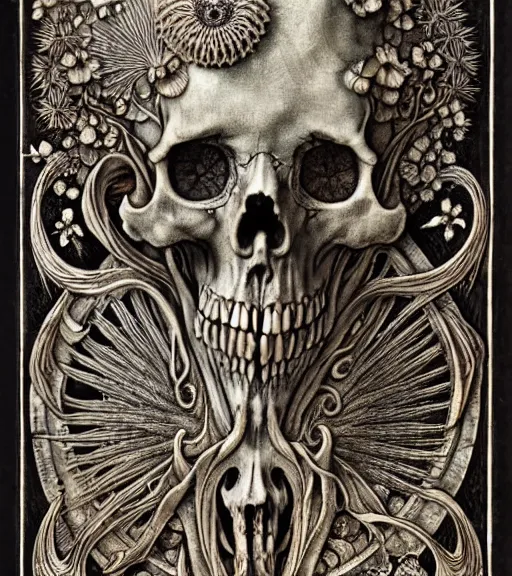 Image similar to memento mori by arthur rackham, art forms of nature by ernst haeckel, exquisitely detailed, art nouveau, gothic, ornately carved beautiful skull dominant, intricately carved antique bone, art nouveau botanicals, ornamental bone carvings, art forms of nature by ernst haeckel, horizontal symmetry, arthur rackham, ernst haeckel