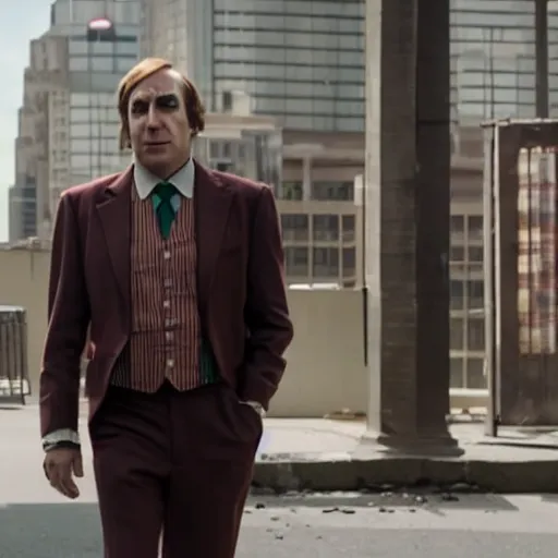 Image similar to A still of Saul Goodman in Joker (2019)
