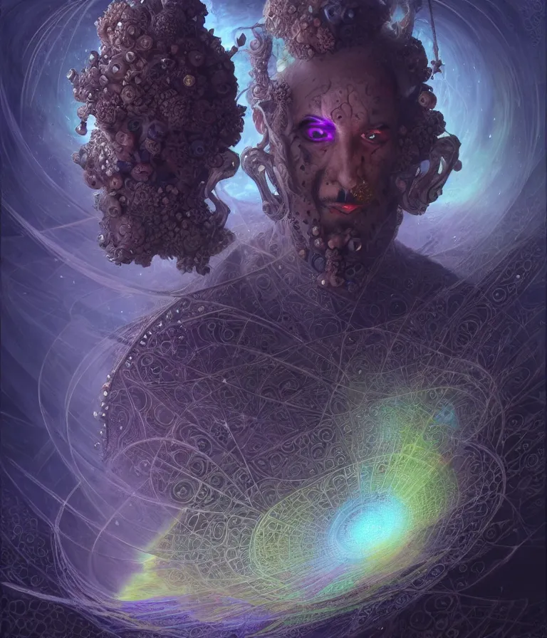 Image similar to front!!! shot of a court jester!!! character, mesmerizing fractal hypercubes, dark holography!!!, future, oil slick nebula, crystalline edges, (((intricate))), elegant, highly detailed, centered, (((artstation, concept art, smooth, sharp focus, artgerm, Tomasz Alen Kopera, Peter Mohrbacher, donato giancola, Joseph Christian Leyendecker, WLOP, Boris Vallejo))), ((raytracing)), mugshot!!!!!, ugly!!!!!!, octane render, nvidia raytracing demo, octane render, nvidia raytracing demo, octane render, nvidia raytracing demo, grainy, muted, 8K, digitalblasphemy, metatron