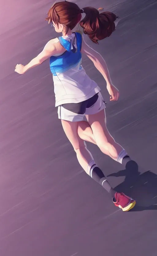 Image similar to girl running in her sport clothes, anime style, occlusion shadow, specular reflection, rim light, unreal engine, range murata, artstation, pinterest, art by hiroaki samura and ilya kuvshinov and rossdraws, intricate, highly detailed 8 k, art deco illustration, extremely beautiful shape of face, neck, shoulders eyes