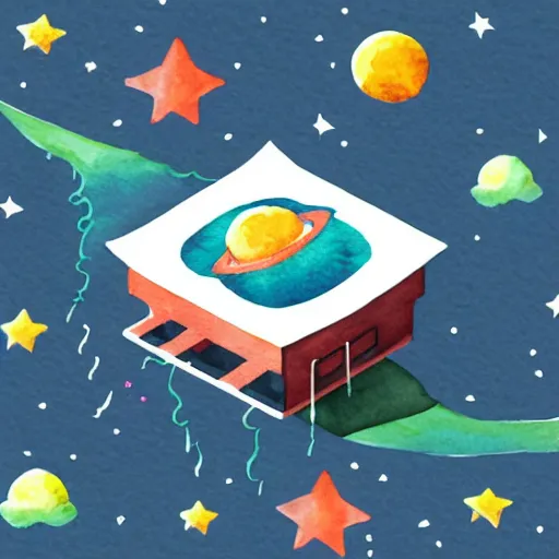 Image similar to isometric watercolor illustration of a printer floating in space, bright stars, flat sythwave artstyle