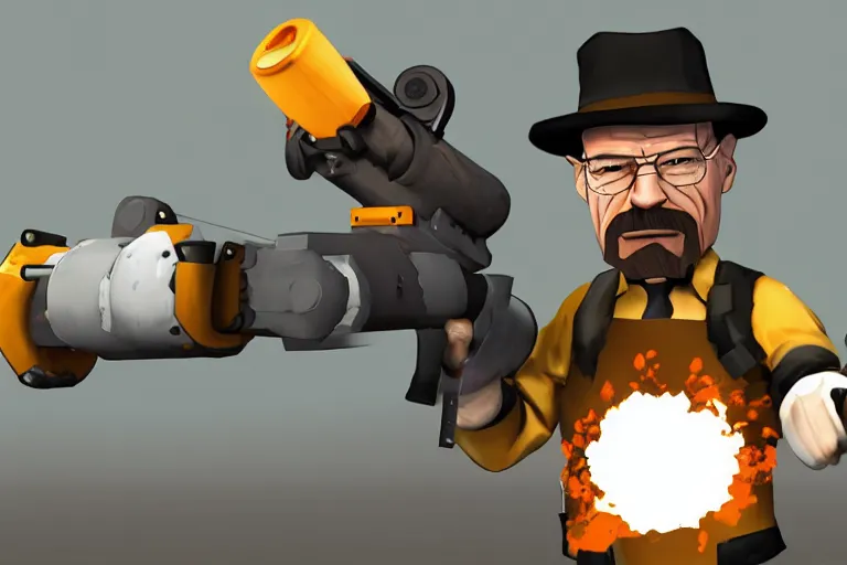 Image similar to Walter White is Heavy from Team Fortress 2 firing a minigun, in the style of TF2