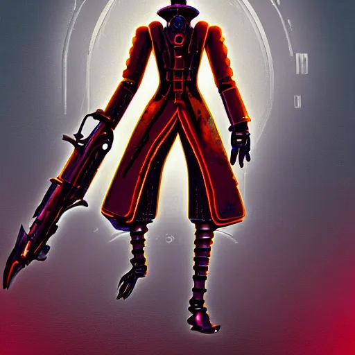 Image similar to a retrofuturism robot hunter from bloodborne in yharnam, style by retrofuturism, faded red and yelow, by malcolm smith