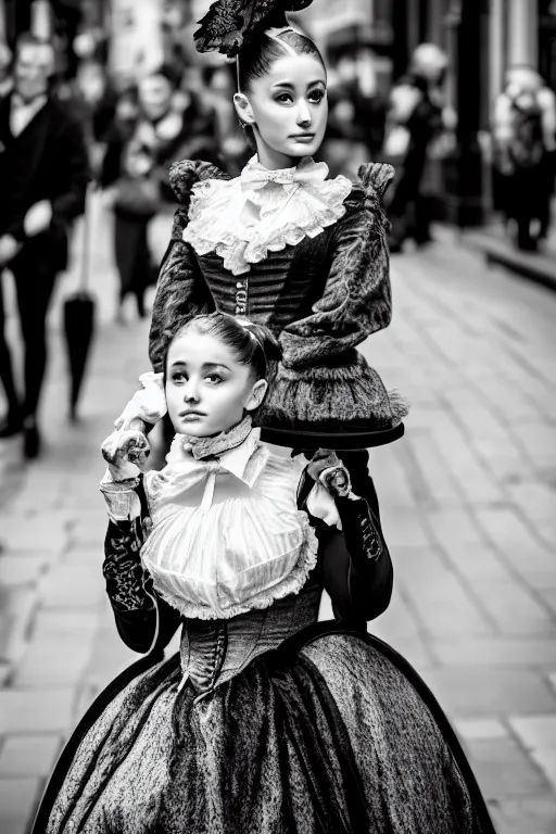 Image similar to Ariana Grande Victorian Era clothing, walking through the streets of London, XF IQ4, f/1.4, ISO 200, 1/160s, 8K, symmetrical face, beautiful eyes, black and white