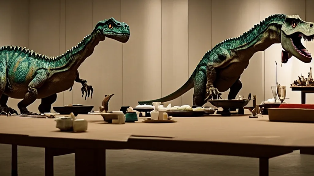 Prompt: the dinosaur sits at a table, made of wax and water, film still from the movie directed by Denis Villeneuve with art direction by Salvador Dalí, long lens, shallow depth of field