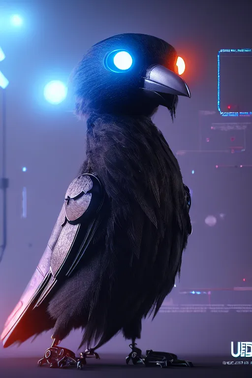 Image similar to high quality 3 d render very cute cyborg crow! incorporated speakers!, cyberpunk highly detailed, unreal engine cinematic smooth, in the style of blade runner & detective pikachu, hannah yata charlie immer, moody light, low angle, uhd 8 k, sharp focus