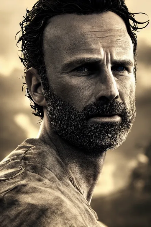 Image similar to portrait art of rick grimes 8 k ultra realistic, digital art, character portrait, highly detailed, trending on artstation, lens flare, atmosphere, hyper realistic, cinematic lightning, sharp focus, unreal engine 5, extreme details perfect face, pretty face, fine - face, illustration, 8 k, ultra texture, masterpiece