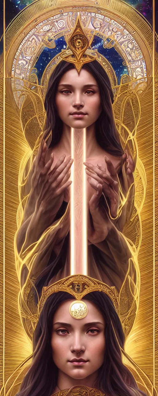 Image similar to perfectly detailed esoteric goddess of galaxies judgement tarot card!! blessed by the universe with ever - increasing physical mental perfection, symmetrical! intricate, sensual features, highly detailed, biblical divine holy perfection!! digital painting, artstation, concept art, smooth, sharp focus, illustration, art by artgerm and greg rutkowski and alphonse mucha