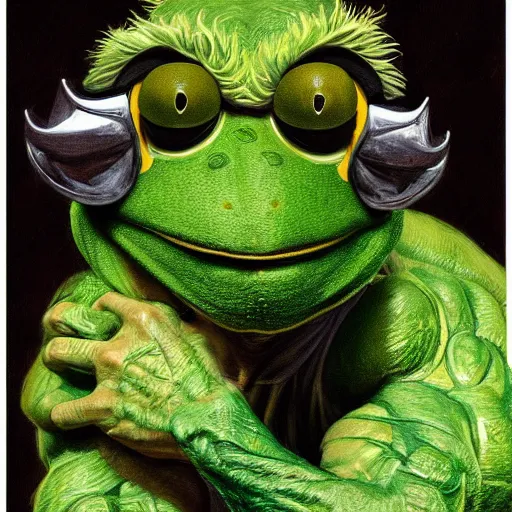 Prompt: painted portrait of rugged kermit the frog, god of thunder, greek god, masculine, mature, handsome, upper body, green and gold, muscular, scaly torso, fantasy, intricate, elegant, highly detailed, digital painting, artstation, concept art, smooth, sharp focus, illustration, art by gaston bussiere and alphonse mucha