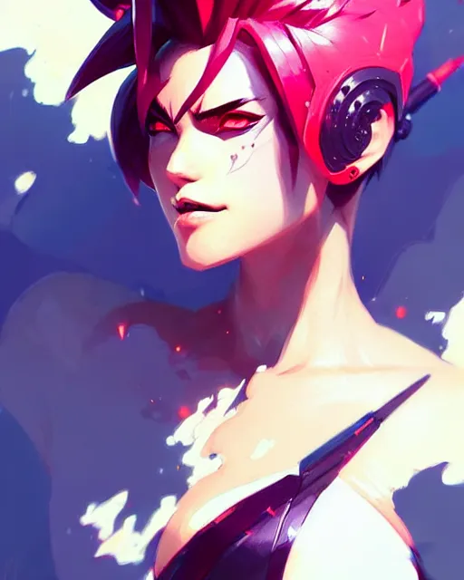 Image similar to a ultradetailed painting of vi from league of legends by conrad roset, greg rutkowski and makoto shinkai trending on artstation