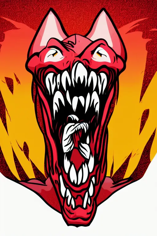 Image similar to Evil t-rex, the devil, sticker, blood thirsty, spawn of Satan, burning in hell, blood, evil, colorful, illustration, highly detailed, simple, smooth and clean vector curves, no jagged lines, vector art, smooth