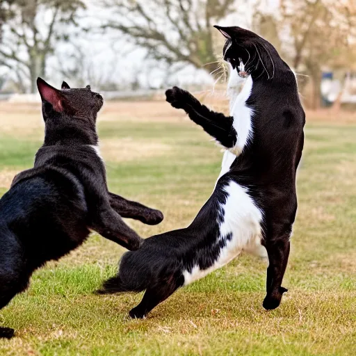 Prompt: a cat fighting a dog, professional photography