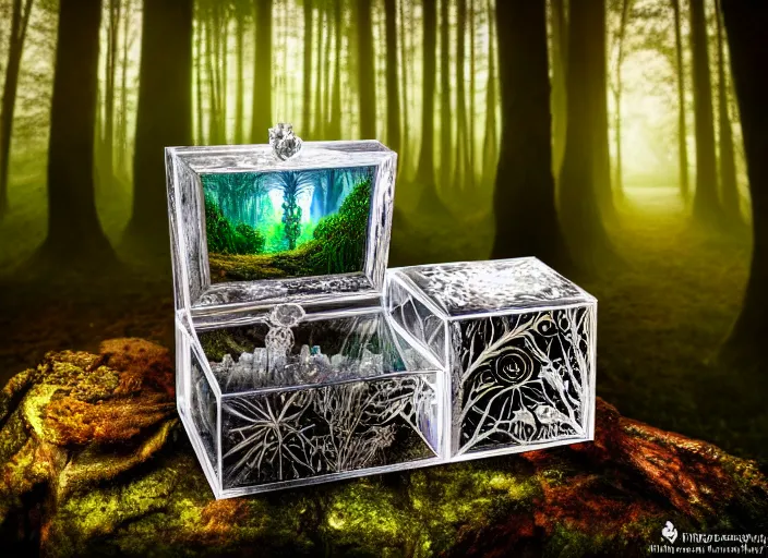 Prompt: photo of a crystal box with a magical kingdom inside, in the forest. Fantasy magic style. Highly detailed 8k. Intricate. Nikon d850 55mm. Award winning photography.